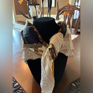 Celine Vintage 1980s Black Silk Scarf Equestrian Motifs Rare Lace